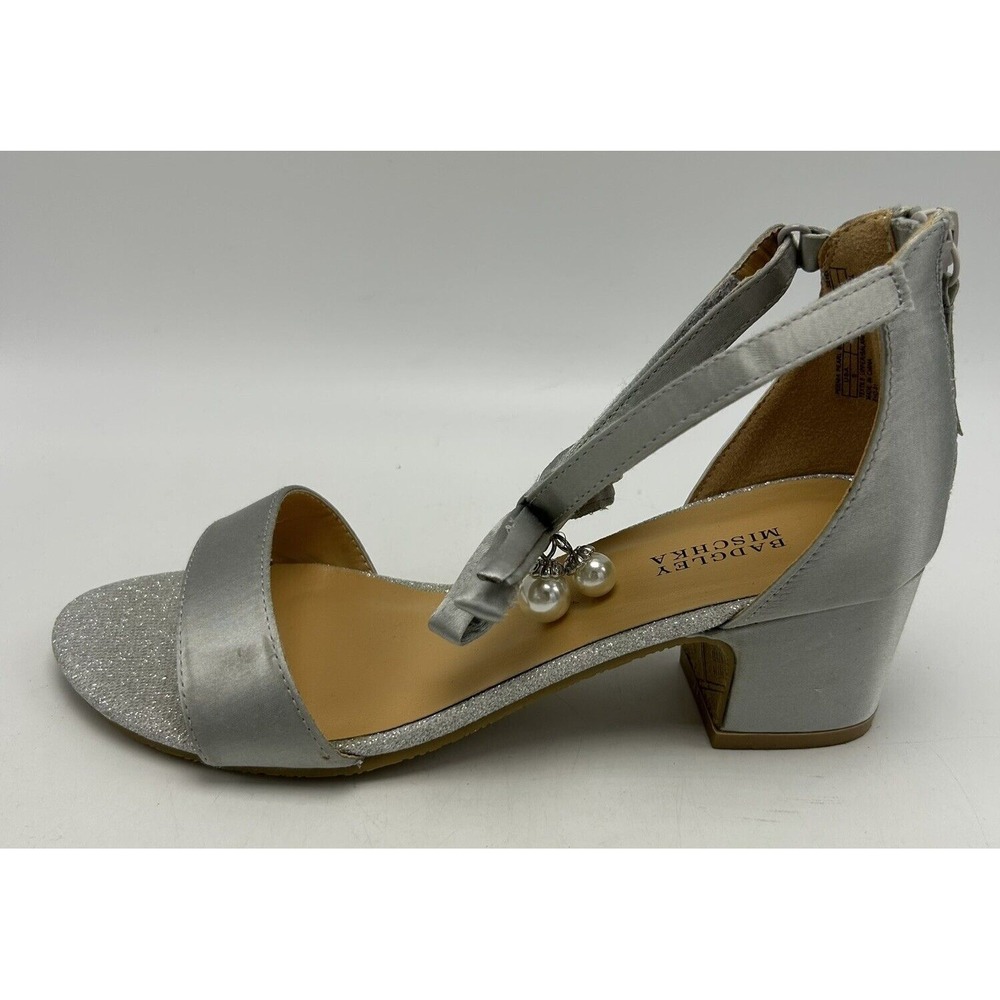 Badgley Mischka Heels Womens 5 Silver Satin Block Sparkle Ankle Strap Pearl Bow